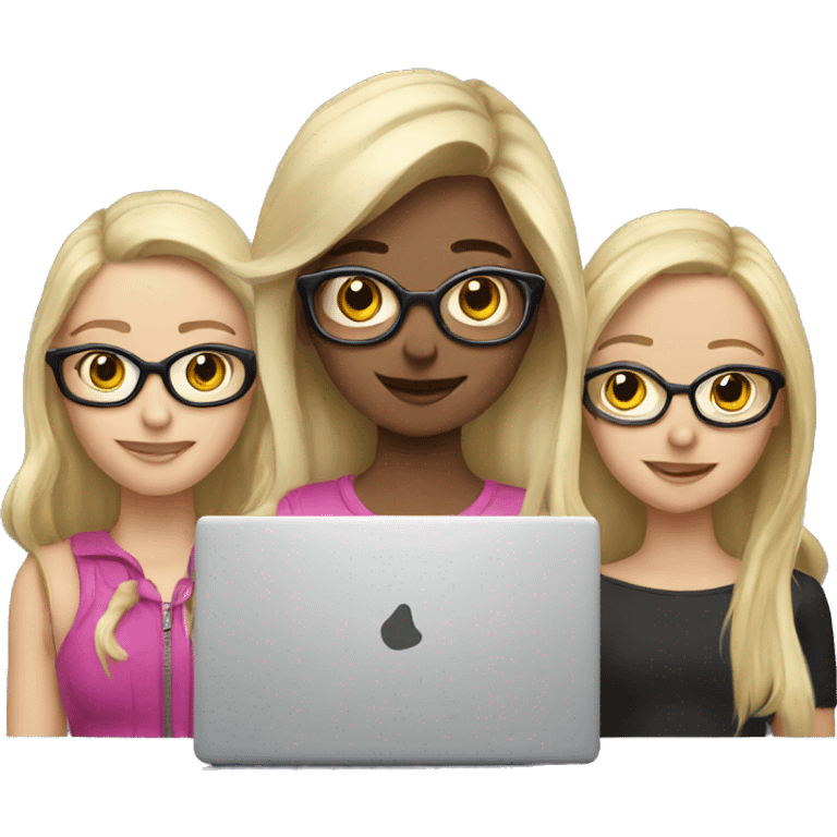 3 blonde girls,  one with glasses looking at a laptop emoji