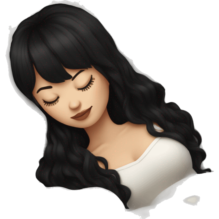 Woman pale skin black hair with bangs sleeping in bed with pillow, white woman emoji