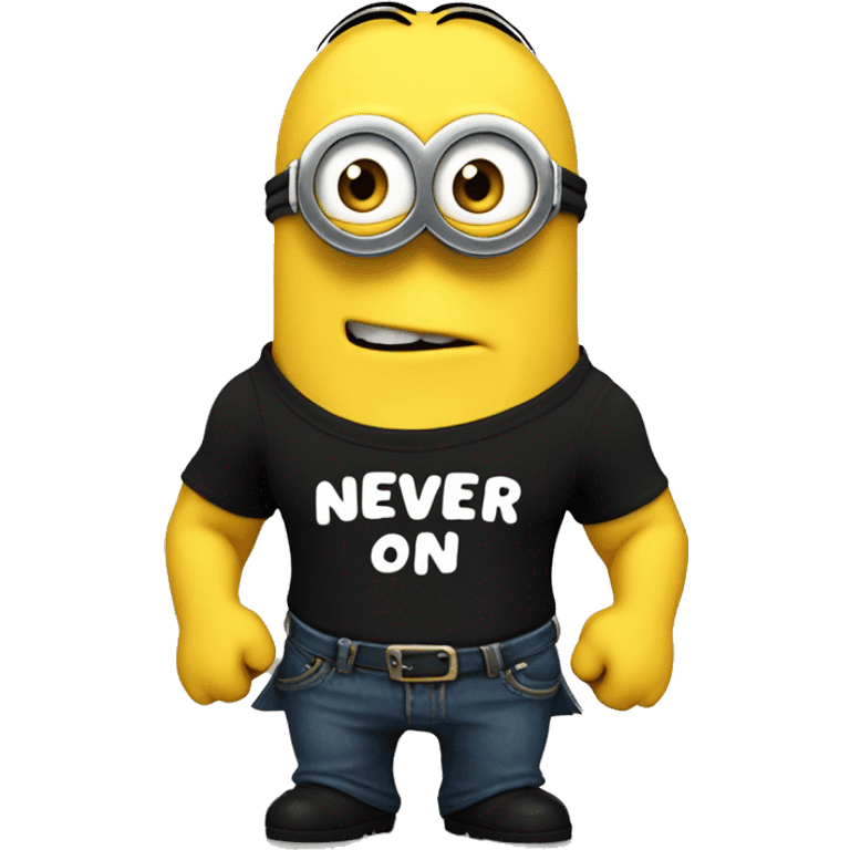 A buff minion wearing a black t shirt top with the words “never goon” on the shirts chest area emoji