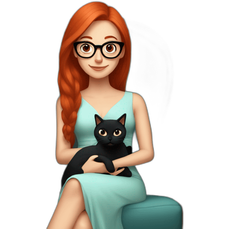 woman with long straight red hair and black-rimmed glasses, in a dress, sitting in an armchair, with a black cat on her lap emoji