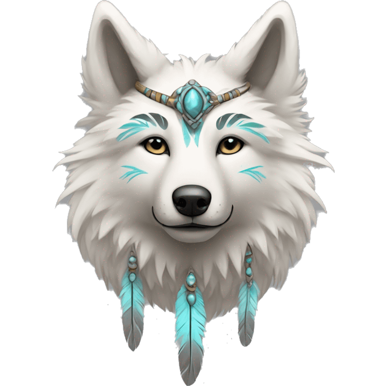 Fluffy Shy Spiritual Shamanic Wolf With Shiny Tribal Markings wearing feathers Full Body emoji