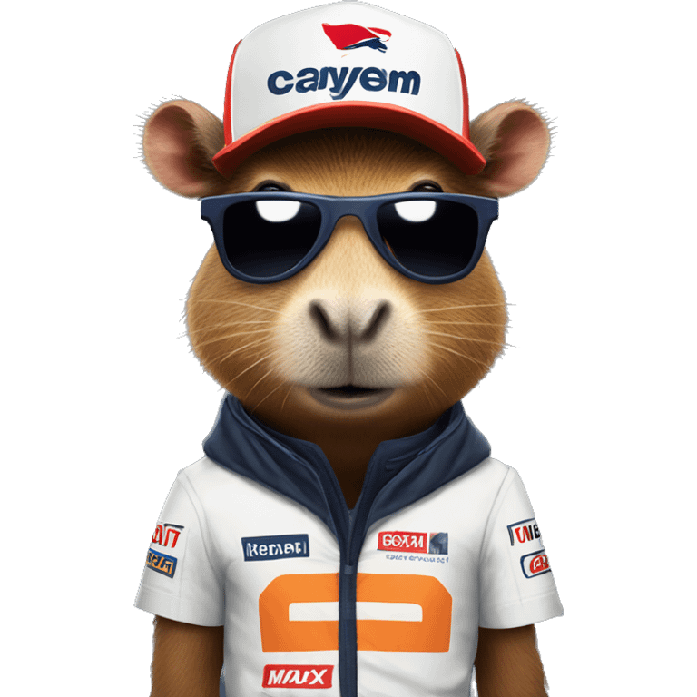 capybara dressed in a max verstappen outfit with a poster of him emoji