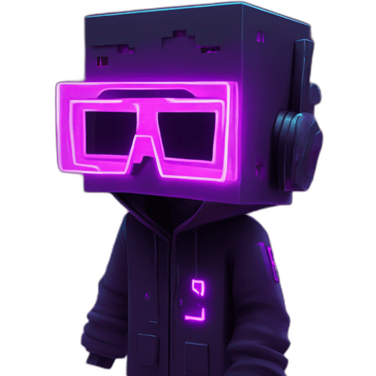 Minecraft Creeper wearing a black hoodie with "OMG" letters on it and VR headset in a cyberpunk VR environment with violet neon lighting. emoji