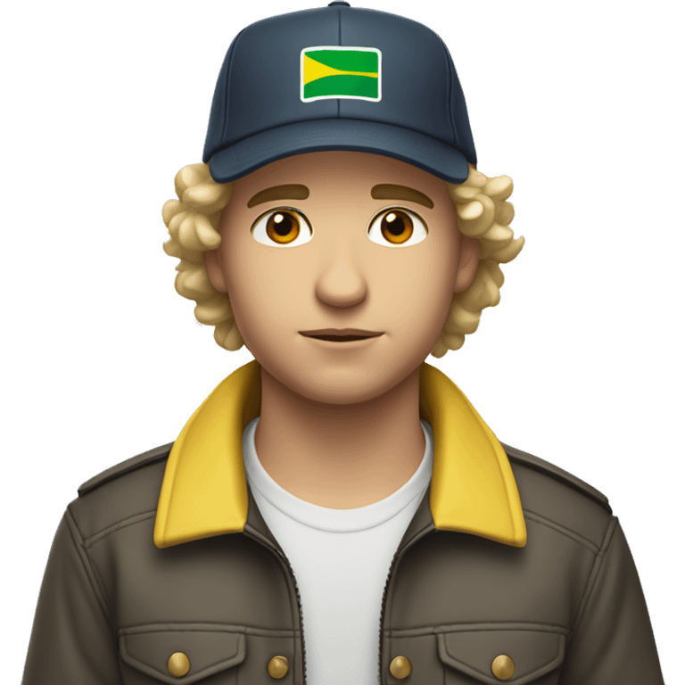 young white guy with small wavy hair with brazilian race jacket and hat serious emoji