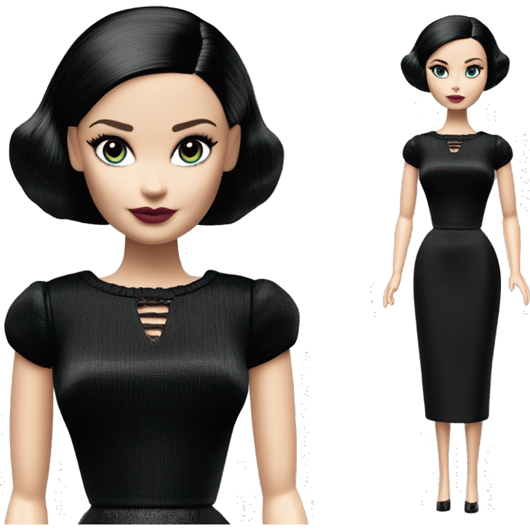 Really Hot elegant Wednesday Addams Barbie. Slinky silk well-fitted, backless black dress. very pale complexion. simple jewelry. Bedroom eyeshadow. Dark straight hair. emoji