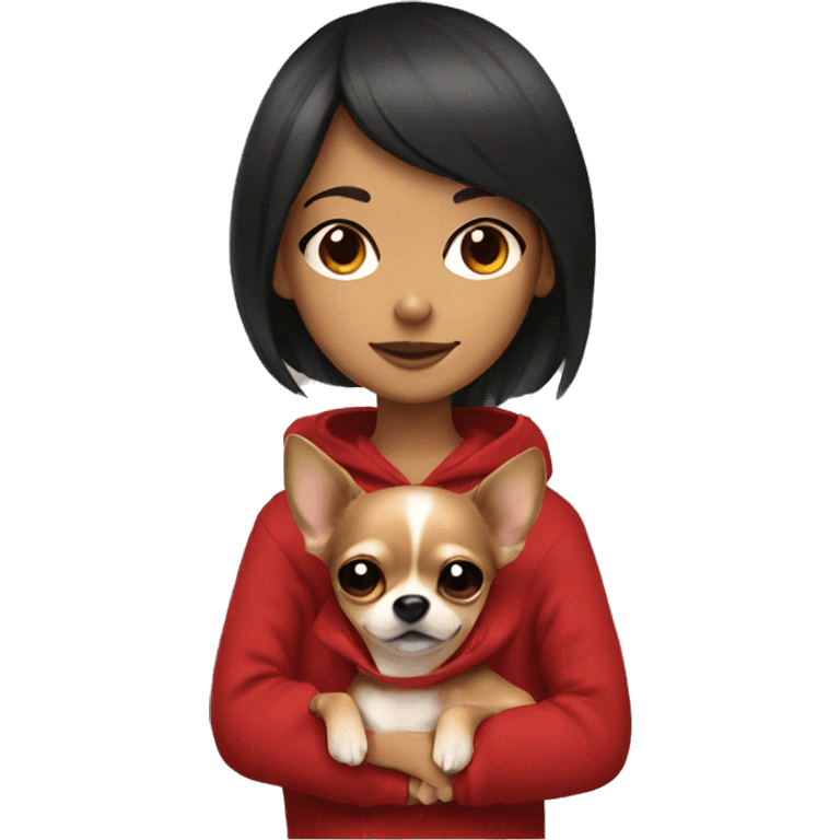 A girl with brown eyes and dark brown hair in red hoodie and bangs covering her forehead hugs Chihuahua  emoji