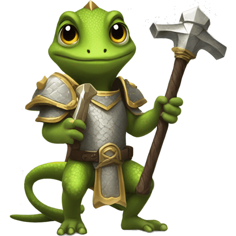 a gecko as an holy paladin with a two handed holy hammer emoji