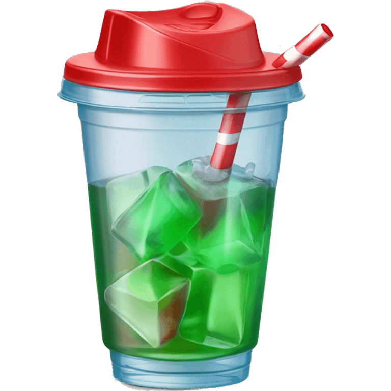 Realistic plastic cup and lid with Transluscent red soda and large ice cubes inside and one straw through the top of the lid. emoji