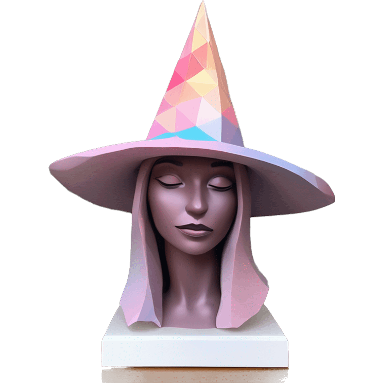 standalone sculpture witch hat is geometric, faceted design, on a hat display. The sculpture is angular and Alphonse Mucha style. The vibrant midtone tints of pastels and pink highlights the sharp edges and planes.  emoji