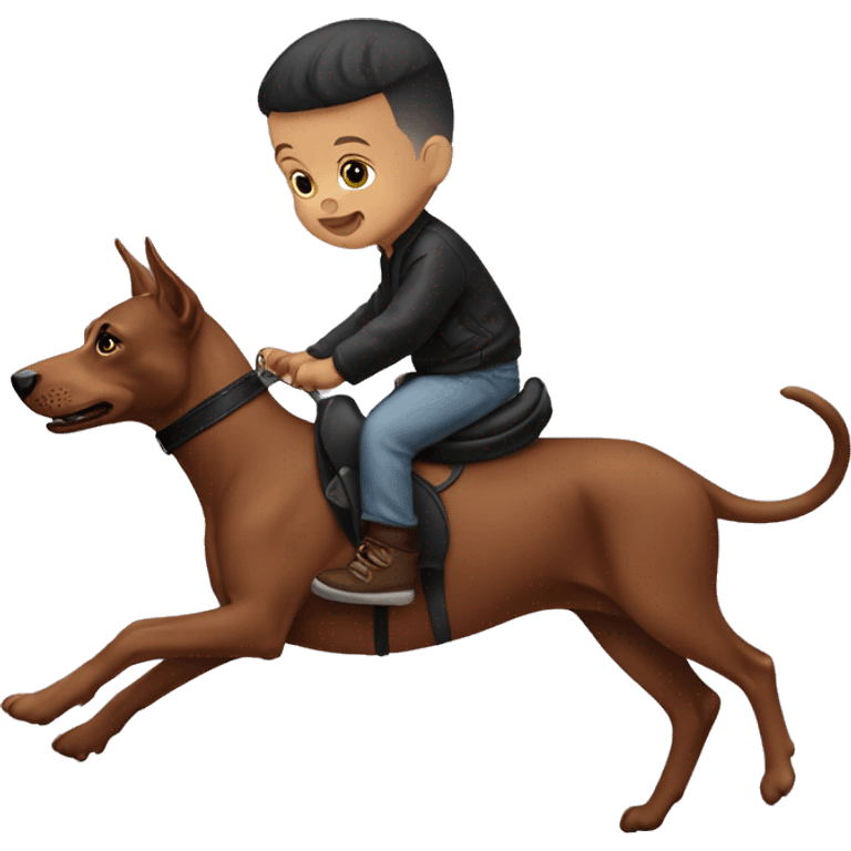 A bald newborn baby boy riding a Doberman like a horse emoji