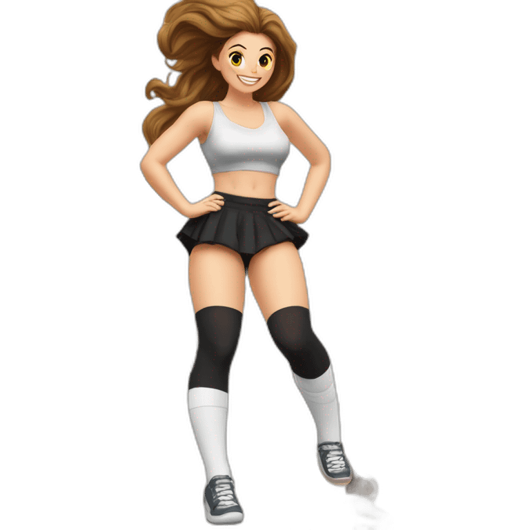 full-body-caucasian-curvy-beauty-jumping-short-black-skirt-back-and-front-views-strong-wind-knickers-long-white-socks emoji