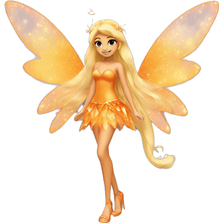 Stella adult latina fairy of nature in her enchantix fairy orange two piece clothing and fairy enchantix wings and long blonde hair from winx club. Small eyes, Lots of sparkles and fairydust. Full body and full fairy bliss emoji