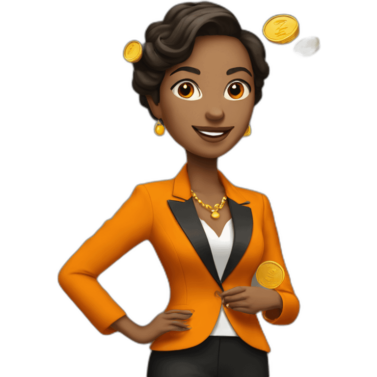 Posh-woman-with-orange-suit-holding-golden-coins emoji