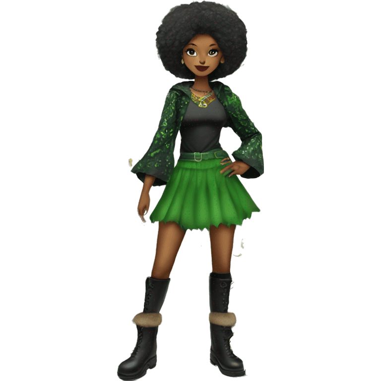 Green witch with panter print top on, panterprint skirt and panterprint fur boots emoji