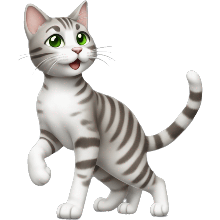 Light grey brown tabby cat dancing standing with green eyes  emoji