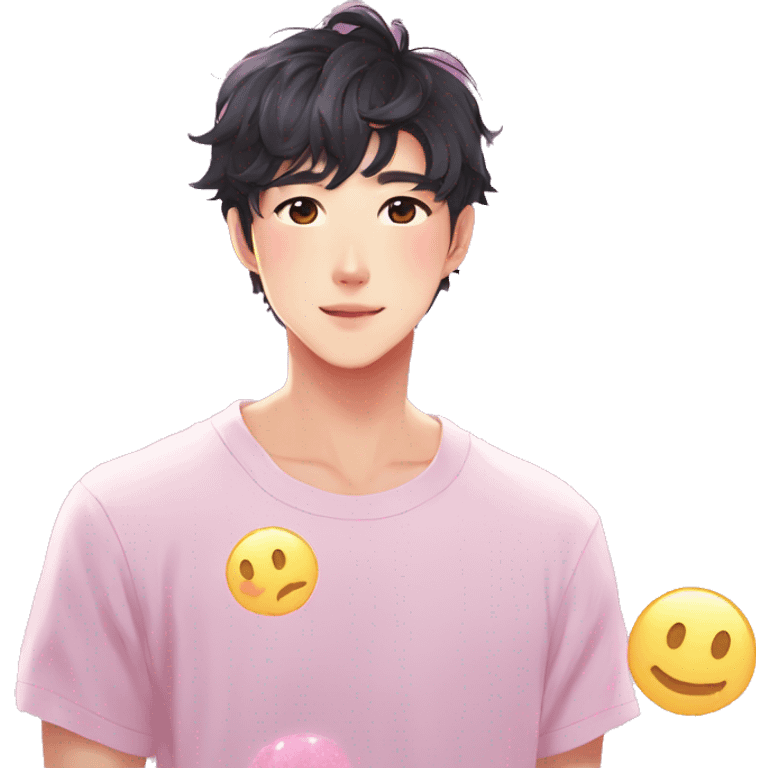 Gorgeous bright sparkly romantic Asian anime pastel guy with blushing face aesthetic trending style outside emoji