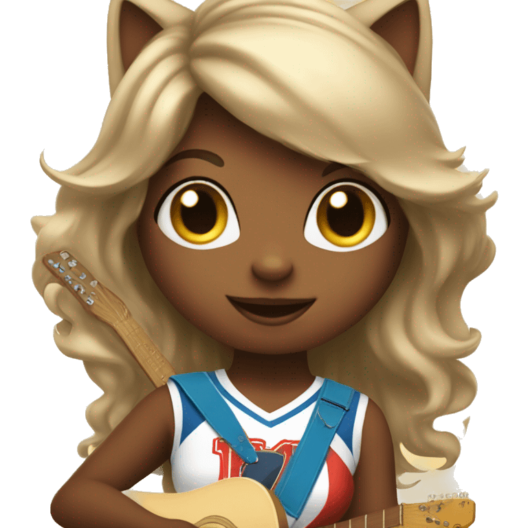 girl cat in a cheerleader costume with a guitar emoji