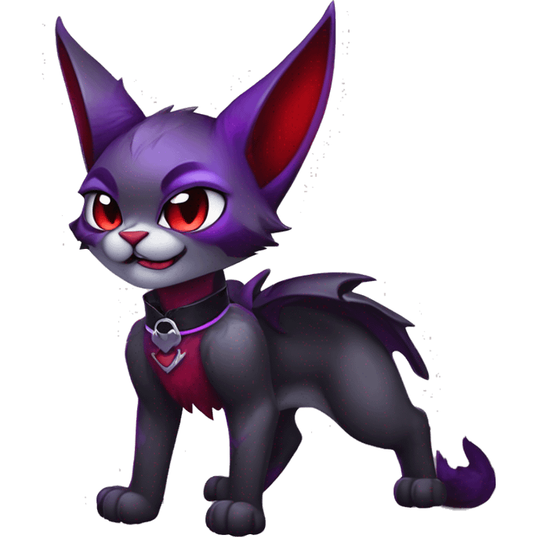 Anthro-Cute-Edgy-Cool-Vampiric-Batty-Cat-Black-Purple-Red-Grey-White-Contrast-Colors-Fantasy-Fur-Sona-Chibi-Shiny-Fakémon-Hybrid with horns and fangs and collar full body emoji