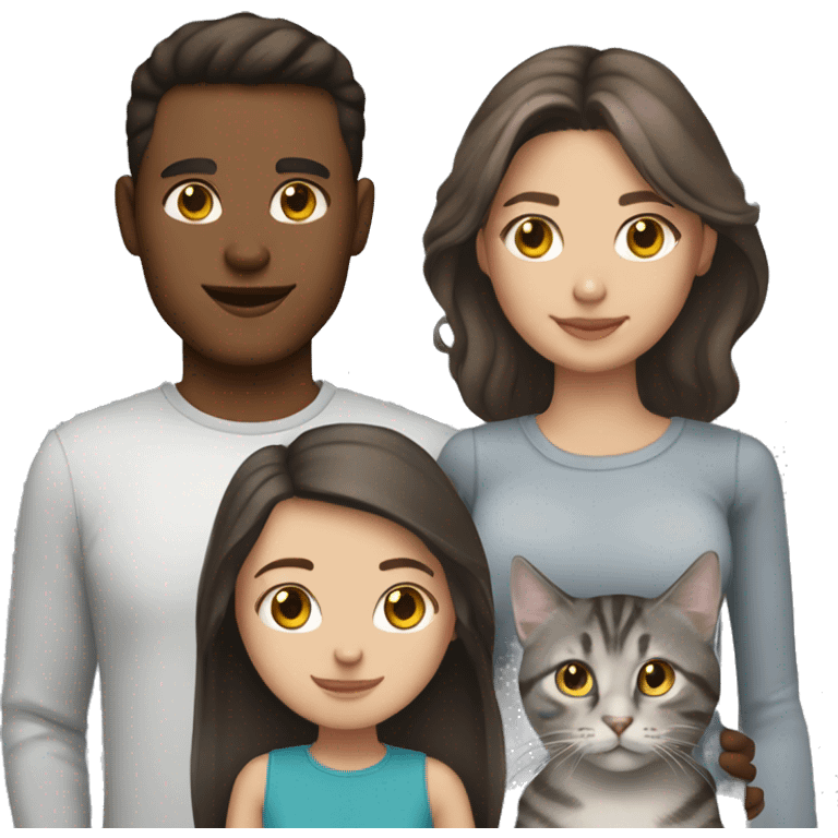 a brunette guy and a girl with light skin and a gray tabby cat between them emoji