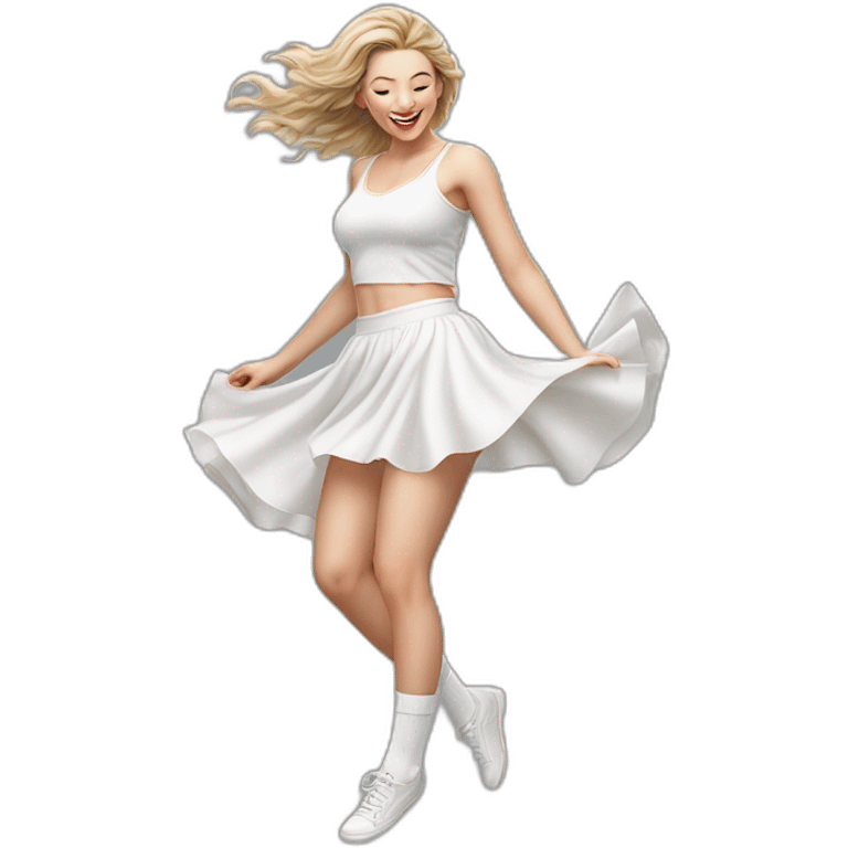 Hyperrealistic Full body Caucasian curvy beauty jumping short white skirt back and front views strong wind knickers long white socks emoji