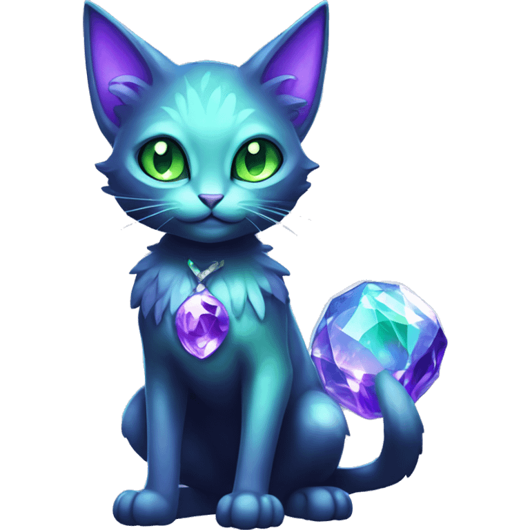 Shiny, Sparkly, Black Dark-type-Fairy-Type-Psychic-Ice-type-Fakémon-Cat Purple eyes, green gem, full body emoji