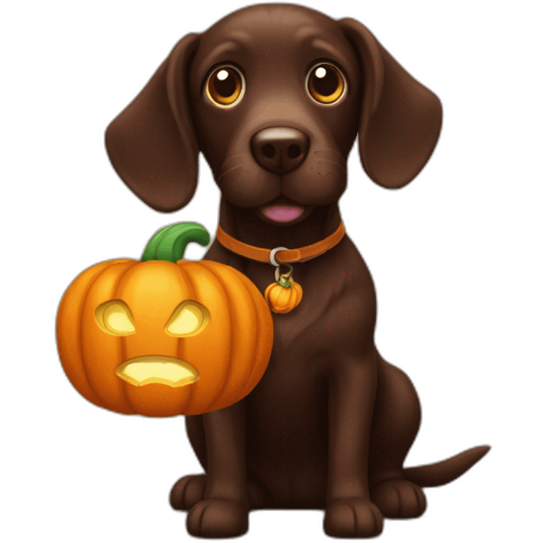 A chocolate doodle dog with a jack on lantern on its head emoji