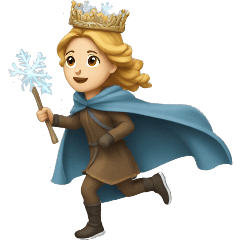 woman running, wearing an Icicle Crown and a Winter Cloak, golden brown hair emoji