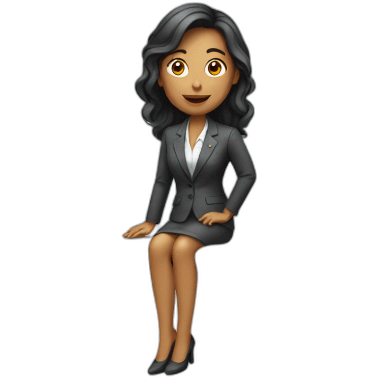 Woman wearing a suit telling things while sitting on a white table emoji