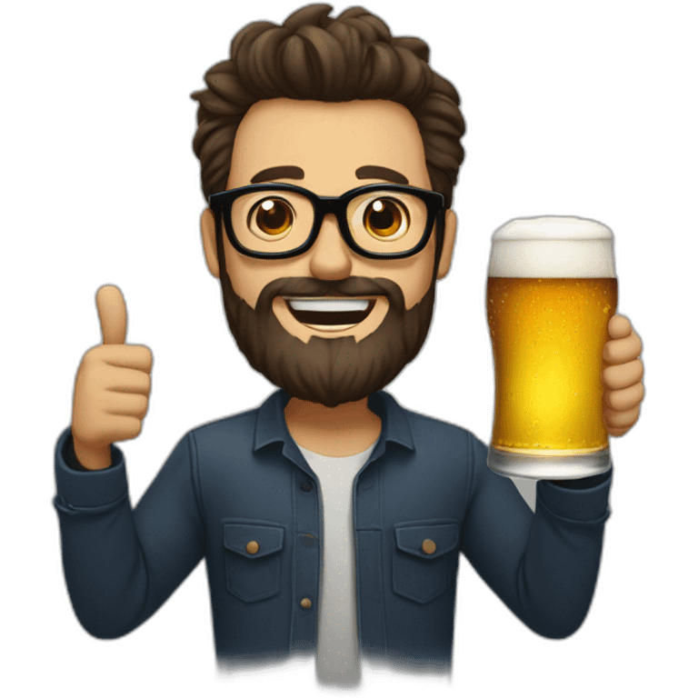 Man With black glasses, Brown hairs and Henriquatre beard, who hold a Beer in the Hand and makes cheers emoji