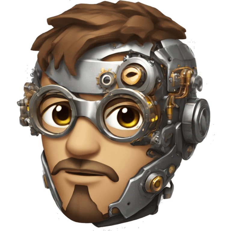 male cyborg head with brown short hair, brown beard, silver steampunk goggles and circuitry emoji