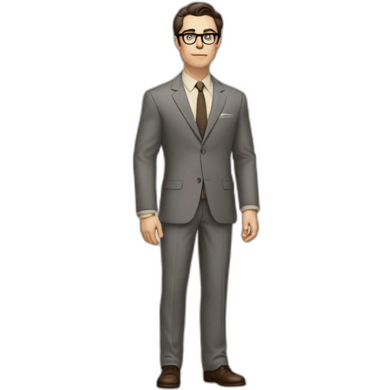 Full height Pale skinned Fit Man With dark brown hair in classic gray suit, beige office shirt, dark gray tie, and vintage glasses. Thrumbs of his palms directed up emoji