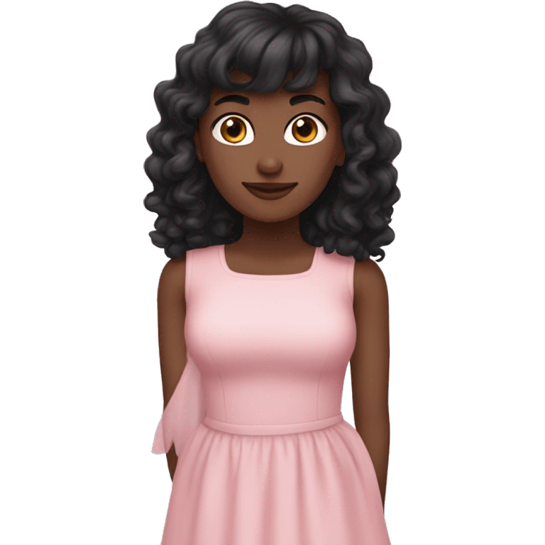 White woman with long black curly hair and bangs and dark brown eyes, wearing a pastel pink dress emoji