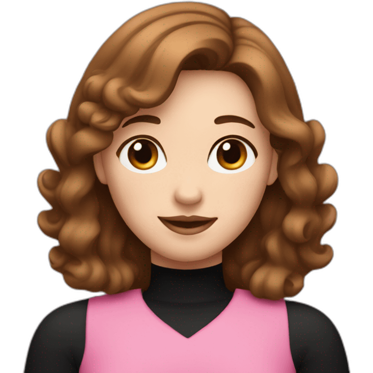 A white woman with brown hair, wear black-and-pink and making a heart symbol with her hands emoji