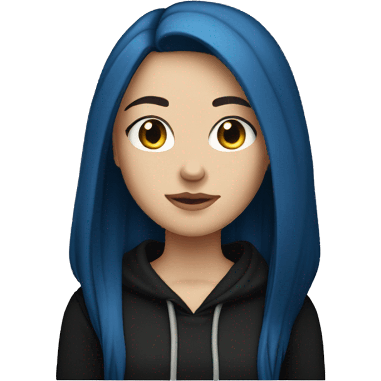 white girl with long straight dark blue hair wearing black hoodie emoji