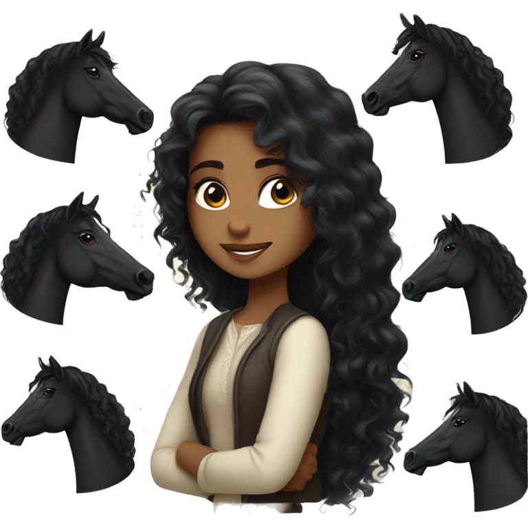 Saudi girl with a long black curly hair and beautiful black Arabian horse  emoji