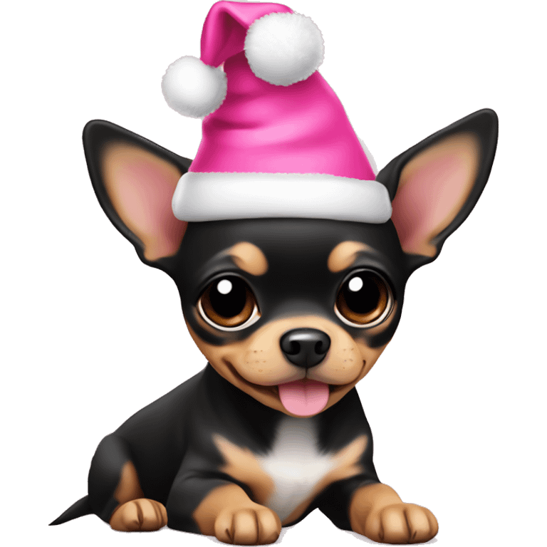 black & tan chihuahua puppy with pink christmas hat  emoji