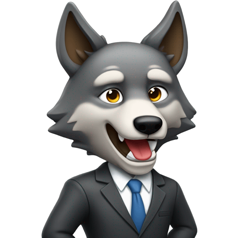 Wolf ceo wearing a suit determined smirking full body pose giving a peace sign  emoji