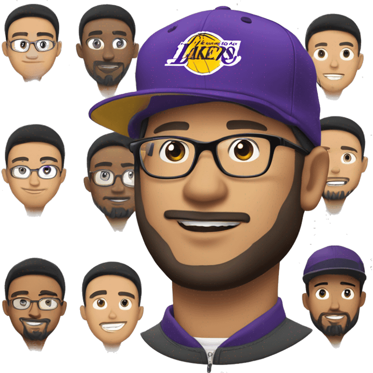 man with eyeglass with beard and a bit with chee. around 30s, asian, youth pastor with cap of lakers emoji