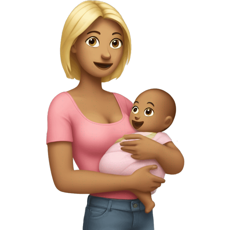 A woman with a baby in her arms, holding a bra emoji