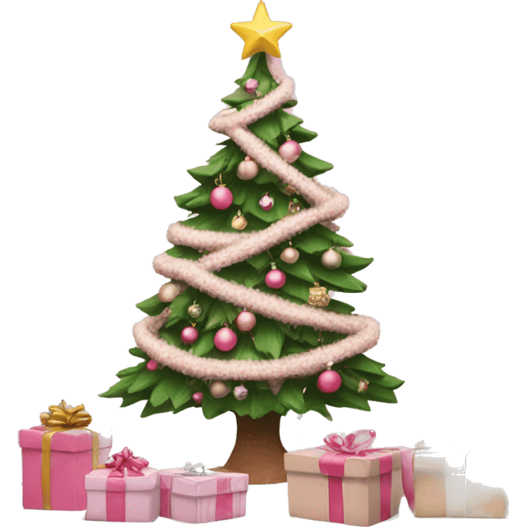 A decorated Christmas tree with snow on and pink and beige presents infront  emoji