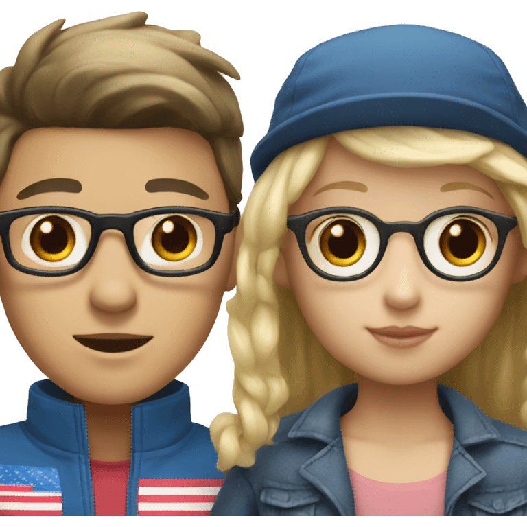 Korean guy with glasses and hat and American girl with blonde hair and blue eyes  emoji