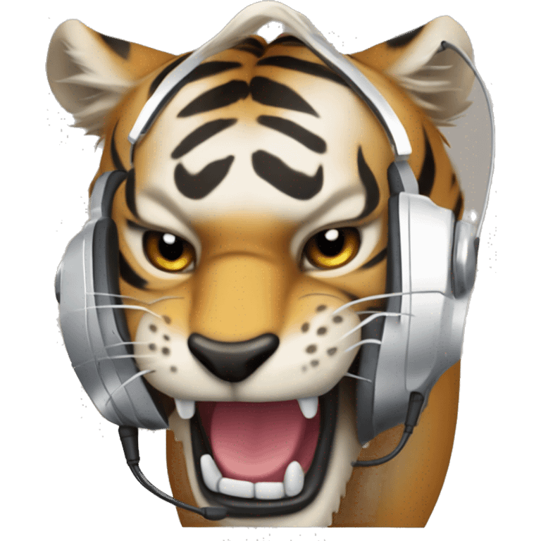 tigre de dientes de sable con un celular y audifonos emoji