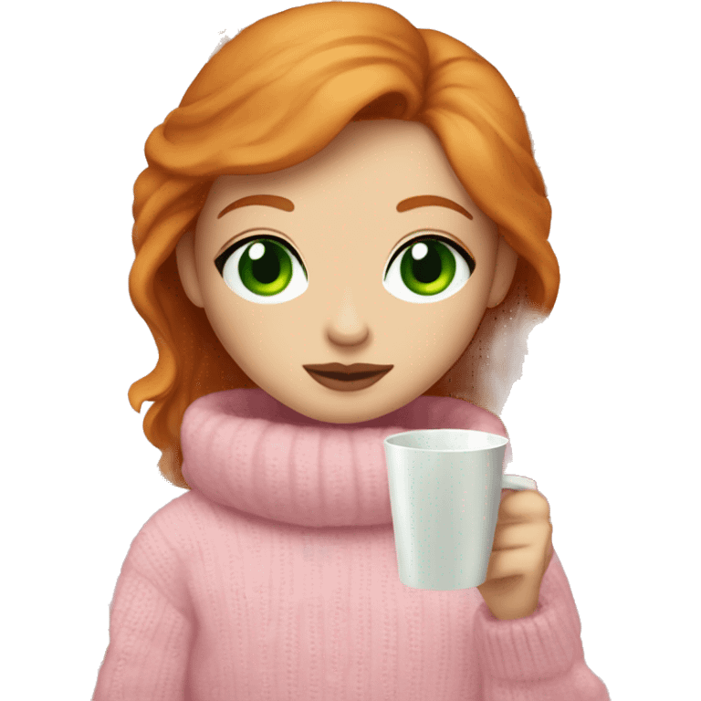 Ginger haired girl, green eyes, white skin, long lashes, big pink lips, light pink sweater, holding cup in arms emoji