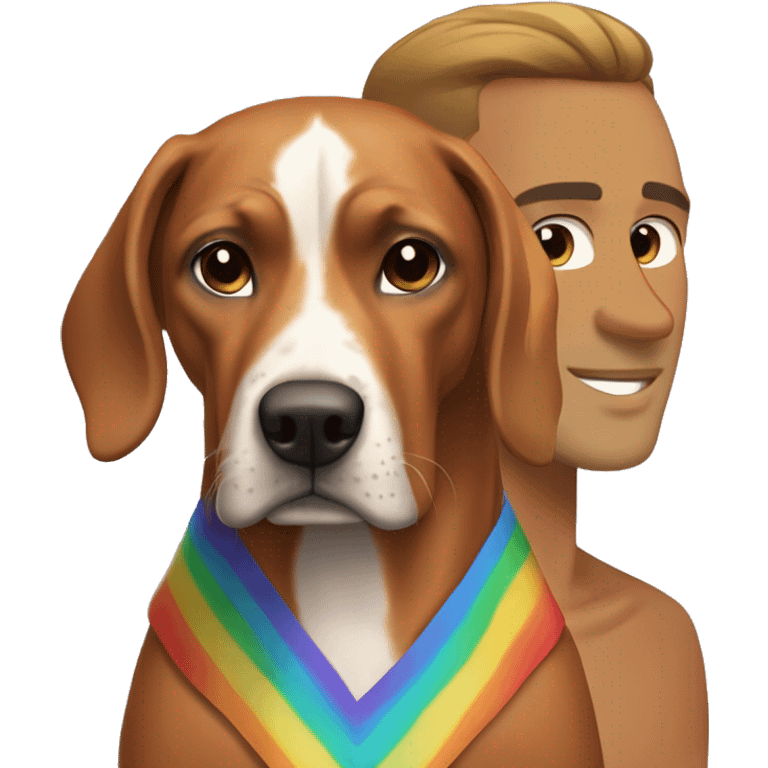 white male with long rainbow colored hair standing alongside a brown rhodesian ridgeback emoji