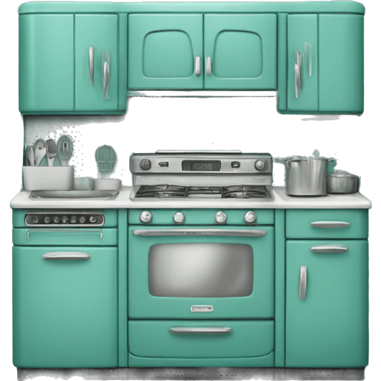 Isolated full length Realistic teal vintage retro kitchen range with cabinets and counters. emoji