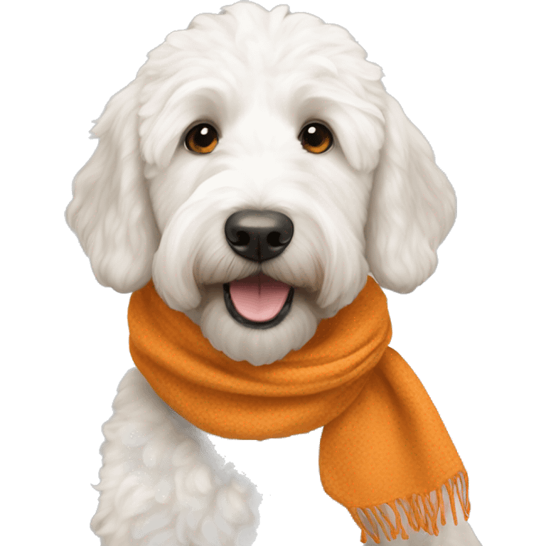 White Goldendoodle with a orange scarf  emoji