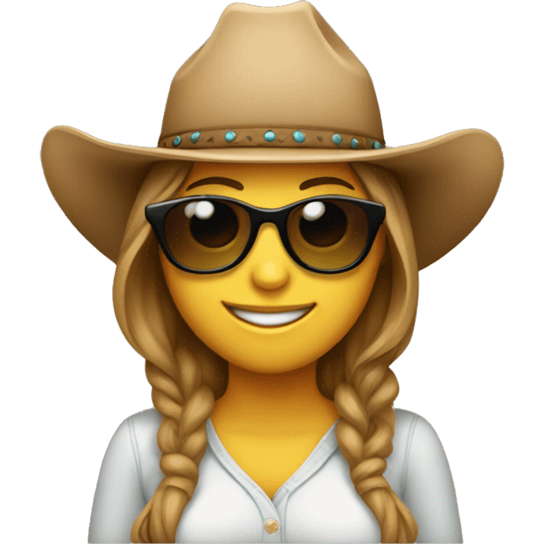 A pregnant woman facing forward and smiling while wearing sunglasses and a cowboy hat emoji