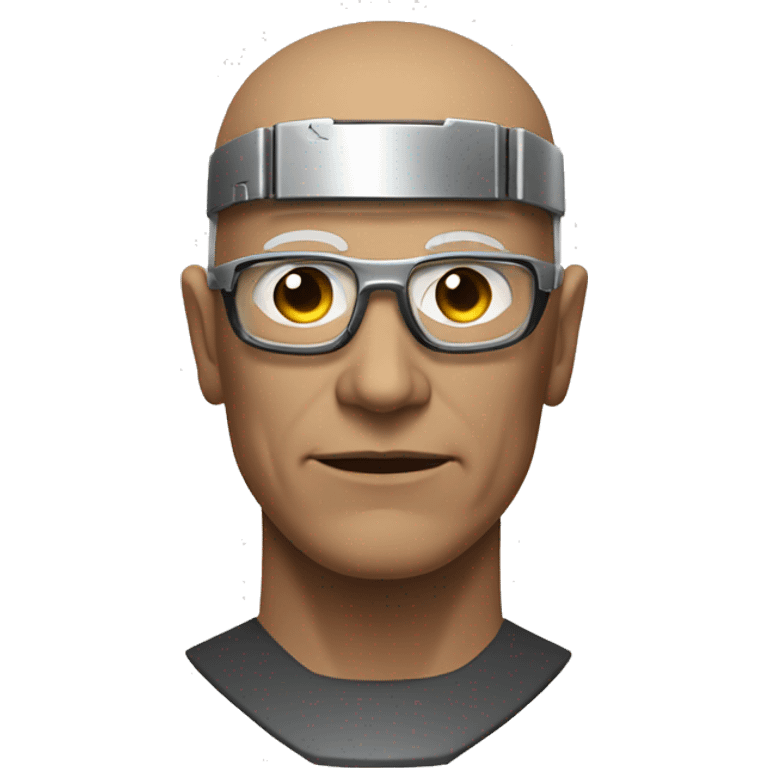 Older Male cyborg head with metallic plated face, brown flat top haircut, glasses and circuitry emoji