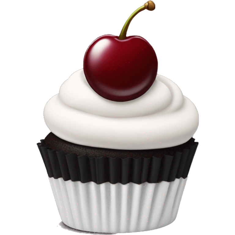 Dark red cherry cupcake with white frosting on top with black cupcake case  emoji