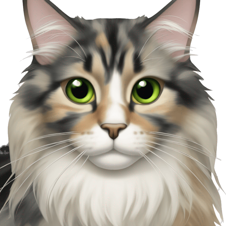 Maine coon dilute Calico half face colored big green black eyes emoji